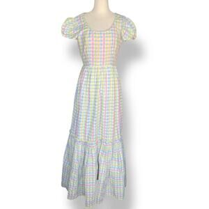 Vintage 70s Pastel Gingham Checked Plaid Maxi Dress Puff Sleeve Baby Pink Eyelet